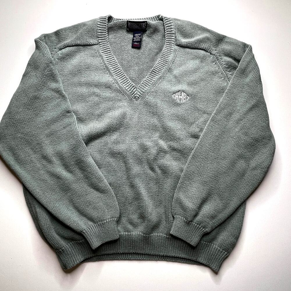 Lands' End Vintage Monogram Green V-Neck Sweater L